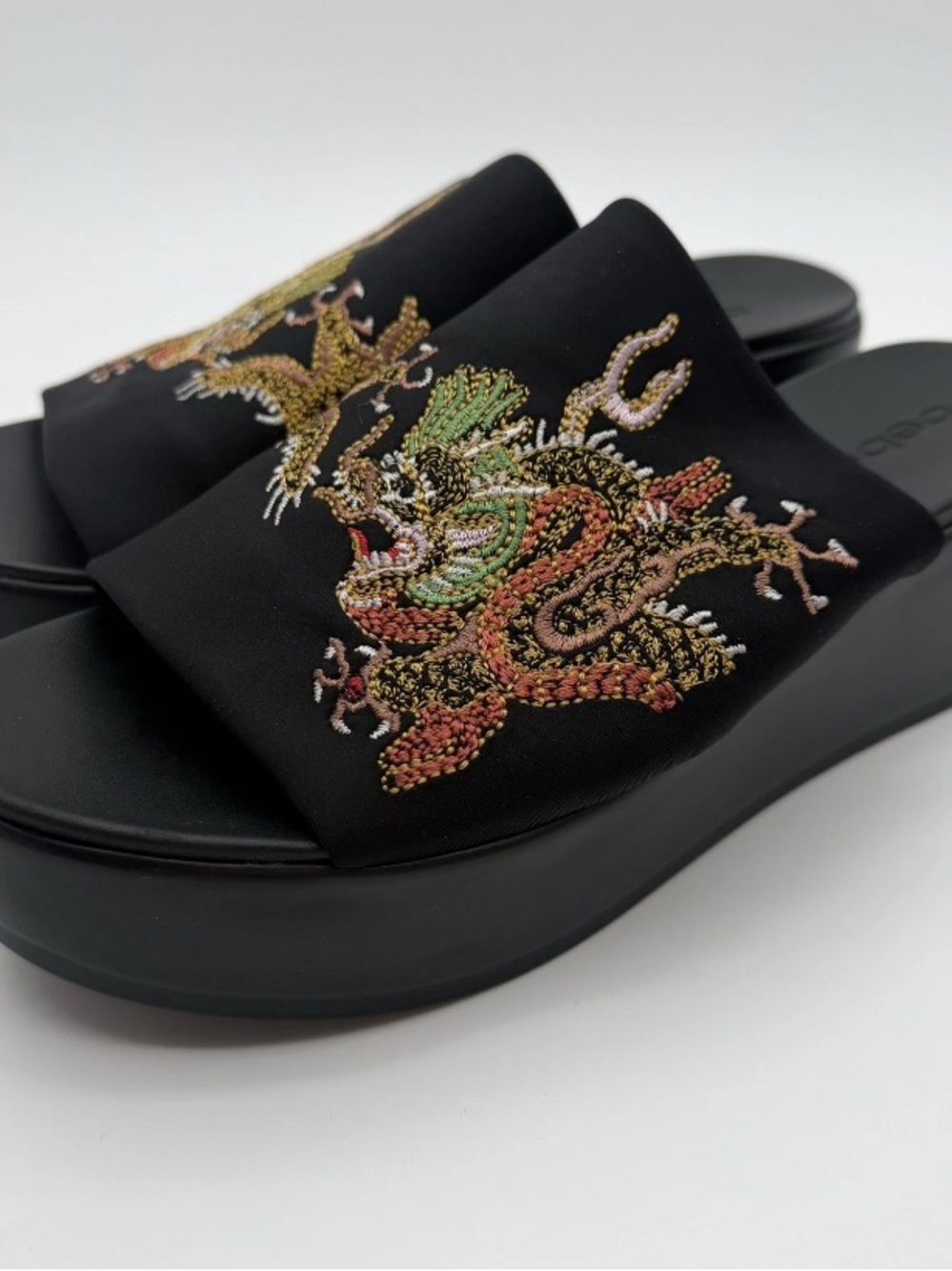 Y2K Bebe Embroidered Dragon Satin Platform Slides Sandals 2000s Rave Size 8-8.5